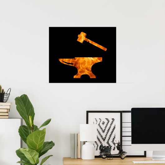 Flaming Anvil & Hammer Blacksmith Metalworking Poster (Thuiskantoor)