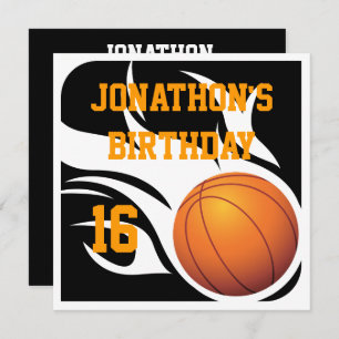 Flaming Basketball Birthday BW Party Kaart