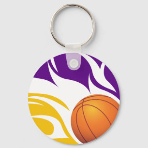 Flaming Basketball Paars en Gold Sleutelhanger