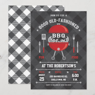 Flaming BBQ Grill Invitation, Chalkboard/Gingham Kaart