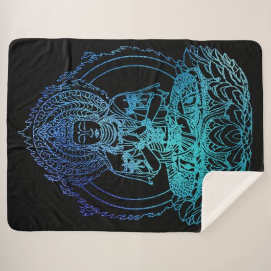 Flaming Buddha in Blauwgroen en blauw Sherpa Deken (Voorkant (horizontaal))