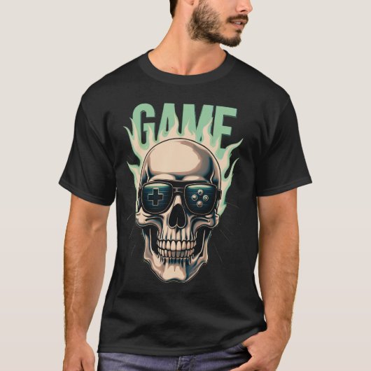 Flaming Gamer Skull – Retro Gaming Power Design T-shirt (Voorkant)