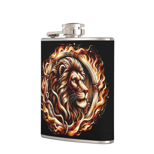 Flaming Lion in Ring of Fire Flames Astrologie Heupfles (Links)