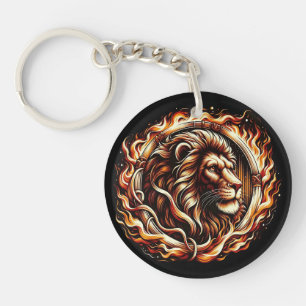 Flaming Lion in Ring of Fire Flames Astrologie Sleutelhanger