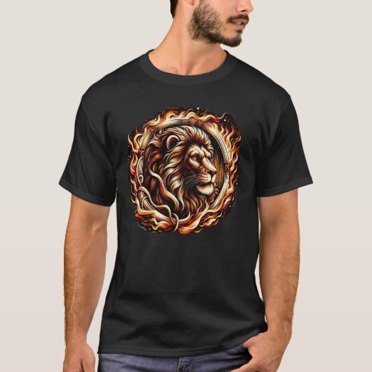 Flaming Lion in Ring of Fire Flames Astrologie T-shirt (Voorkant)