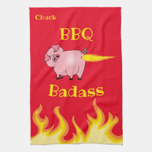Flaming Pig Butt BBQ Badass Theedoek