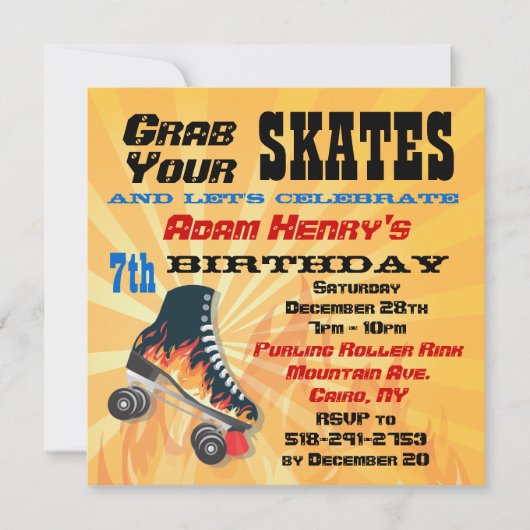 Flaming Roller Skating Birthday Party Invitation Kaart (Voorkant)