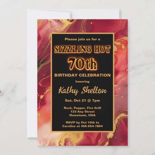 Flaming rouge et or Hot 70th Birthday Invitation (Devant)