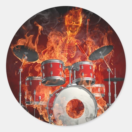 Flaming Skeleton op Drums Sticker (Voorkant)