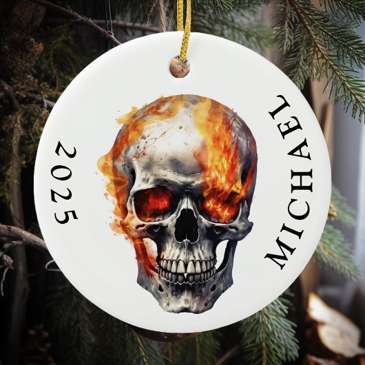 Flaming Skull Monogram Naam Keramisch Ornament