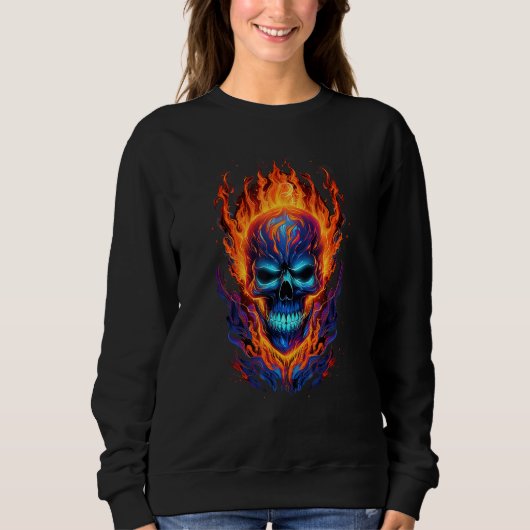 Flaming Skull Red Orange & Blue Cool Skeleton Skul Trui (Voorkant)