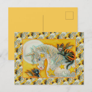 FLAMING ZWARTE KATTEN MET HALLOWEEN EENHOORN Kleur Feestdagenkaart