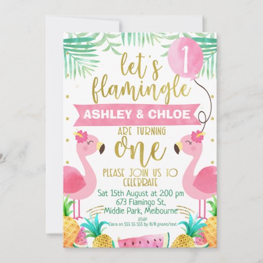 Flamingle 1er anniversaire Invitation pour jumeaux (Devant)