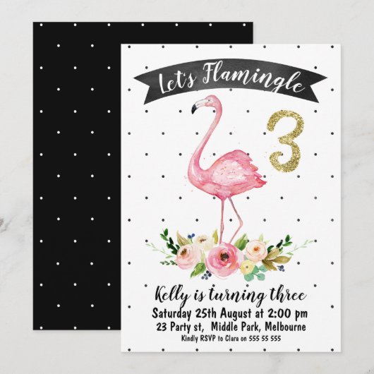 Flamingle 3ème anniversaire Invitation pour fille (Devant / Derrière)