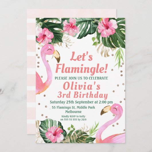 Flamingle Flamant rose Anniversaire Invitation (Devant / Derrière)