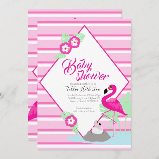 Flamingle flamingo baby shower invitations rose (Devant / Derrière)