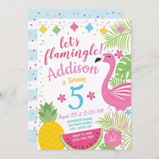 Flamingle Party Verjaardag Uitnodiging Flamingo Po (Voorkant / Achterkant)