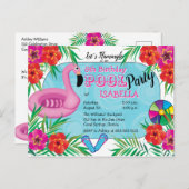 Flamingle Roze Bloemen 8e verjaardag Pool Party Uitnodiging Briefkaart (Voorkant / Achterkant)
