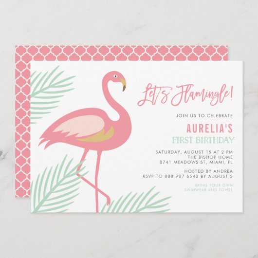 Flamingle Tropical Invitation de premier anniversa (Devant / Derrière)