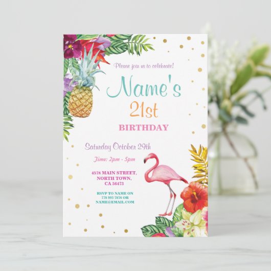 Flamingo Aloha 21e verjaardag Partij Nodig om het  Kaart (Staand voorkant)
