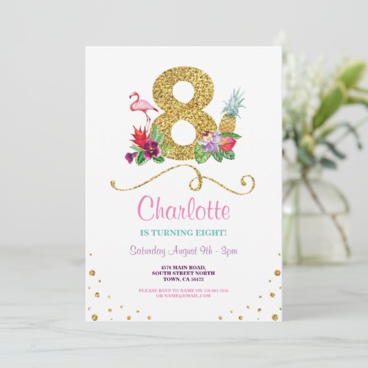 Flamingo Aloha 8e Acht 8 Verjaardagsfeest Uitnodig Kaart (Staand voorkant)