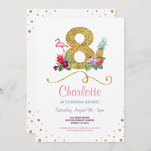 Flamingo Aloha 8e Acht 8 Verjaardagsfeest Uitnodig Kaart (Voorkant / Achterkant)