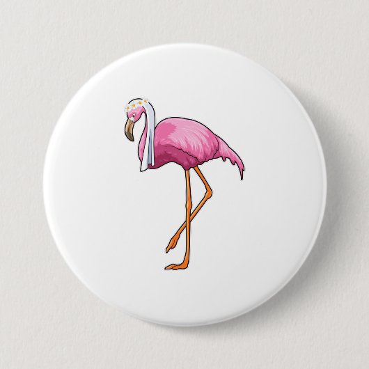 Flamingo als bruid met sluier ronde button 7,6 cm (Voorkant)