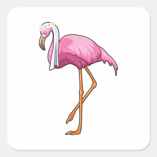 Flamingo als bruid met sluier vierkante sticker (Voorkant)