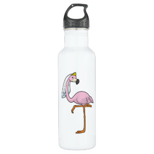 Flamingo als bruid op bruiloft met sluier waterfles 