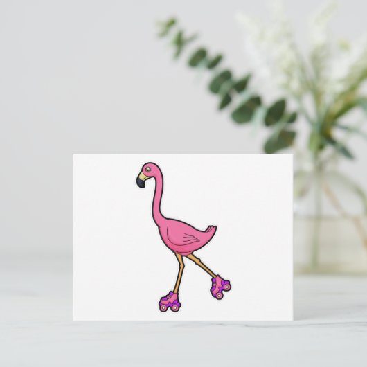 Flamingo als schaatser met rollerschaatsen briefkaart (Staand voorkant)