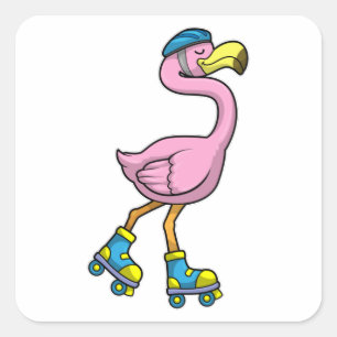 Flamingo als Skater met Schaatsen en helm Vierkante Sticker