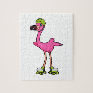Flamingo als skater met skeelers & helm legpuzzel