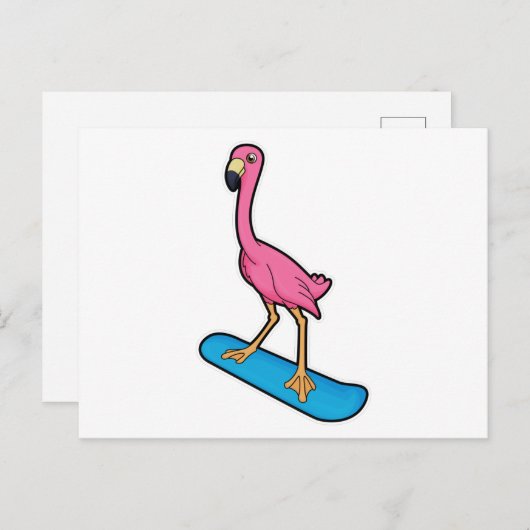 Flamingo als snowboarder met snowboard briefkaart (Voorkant / Achterkant)