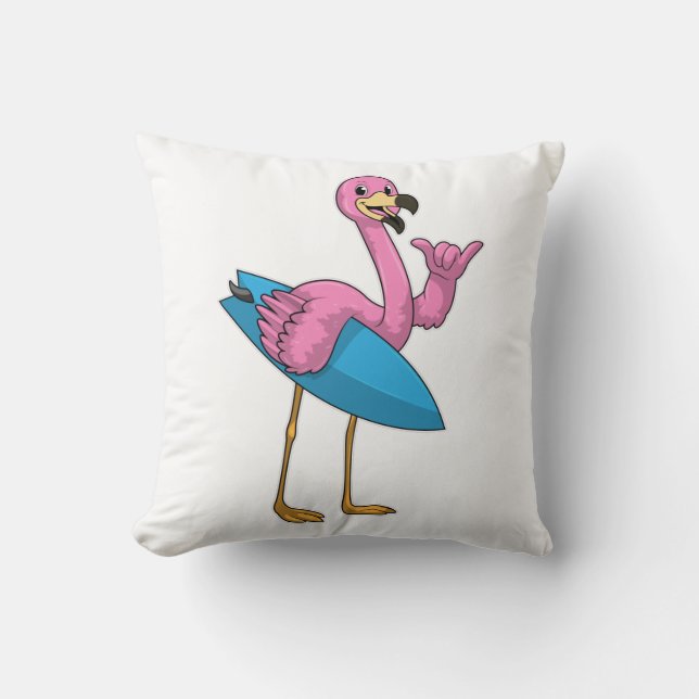 Flamingo als Surfer met Surfboard Kussen (Voorkant)