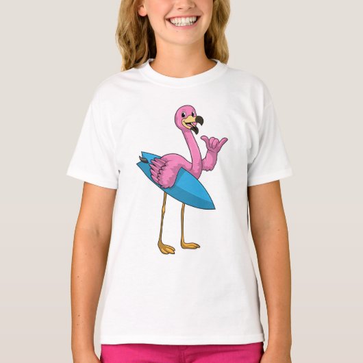 Flamingo als Surfer met Surfboard T-shirt (Voorkant)