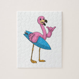 Flamingo als surfer met surfplank legpuzzel