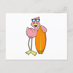 Flamingo als surfer met surfplank.PNG Briefkaart