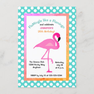 Flamingo and Polka Dot Party Invitation Kaart