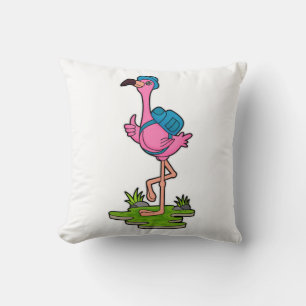 Flamingo as Hiker with Backpack Kussen