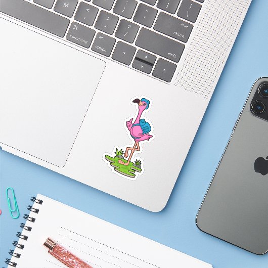 Flamingo as Hiker with Backpack Sticker (Laptop met iPhone)