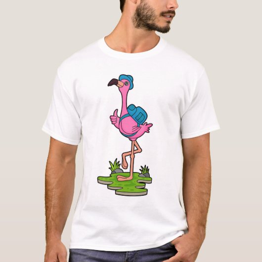 Flamingo as Hiker with Backpack T-shirt (Voorkant)