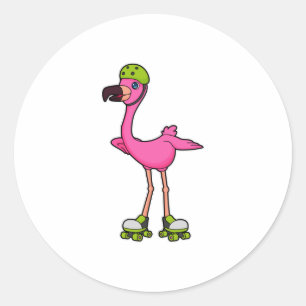 Flamingo as Skater with Roller skates & Helmet Ronde Sticker