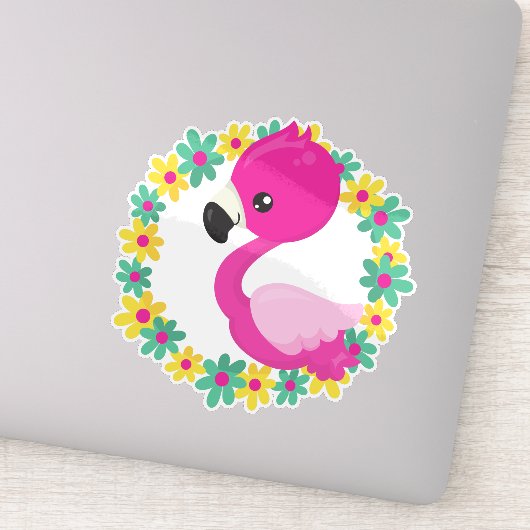 Flamingo, Baby Flamingo, Bird, Flowers Sticker (Detail)