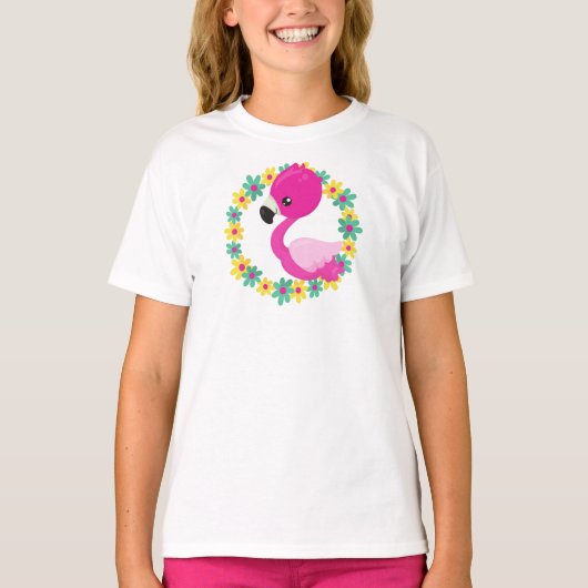 Flamingo, Baby Flamingo, Bird, Flowers T-shirt (Voorkant)