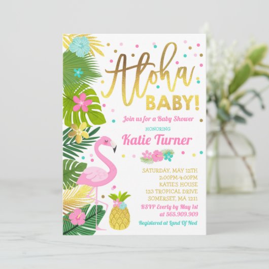Flamingo Baby shower Invitation Tropical Shower Kaart (Staand voorkant)