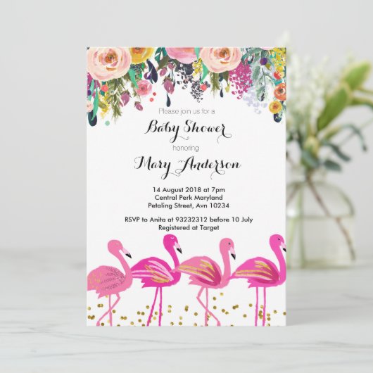 Flamingo Baby shower Uitnodiging Roze (Staand voorkant)