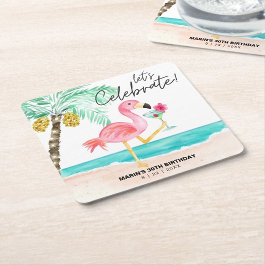 Flamingo Beach Cocktail Palm Tropische Verjaardag Vierkante Kartonnen Onderzetter (Schuin)