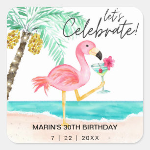 Flamingo Beach Cocktail Palm Tropische Verjaardag Vierkante Sticker