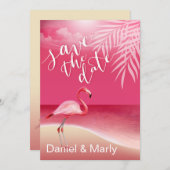 Flamingo Beach Save the Date | roze Kaart (Voorkant / Achterkant)