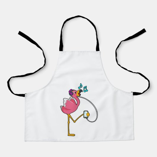 Flamingo bij Muziek met Hoofdtelefoon Schort (Voorkant)